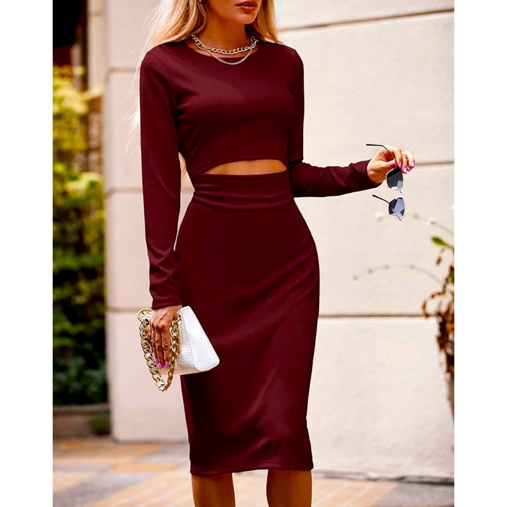 Elegant cut out midi ribbed Burgundy Long Sleeve Dress bodycon Pretty Garden